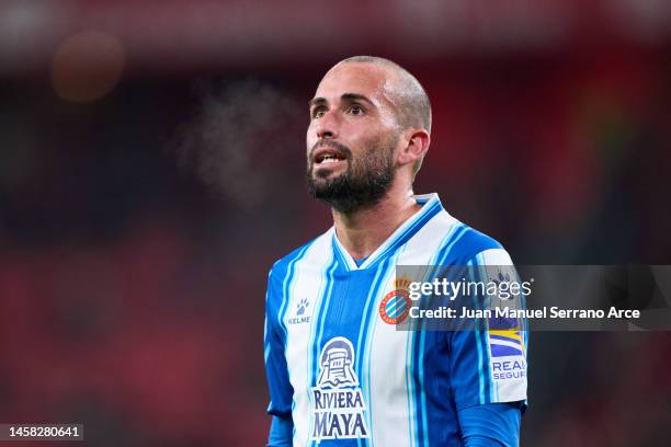 Aleix Vidal of RCD Espanyol reacts during the Copa del Rey round of 16 match between Athletic Club and RCD Espanyol at San Mames Stadium on January...