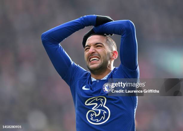 Hakim Ziyech of Chelsea reacts after a missed chance during the Premier League match between Liverpool FC and Chelsea FC at Anfield on January 21,...