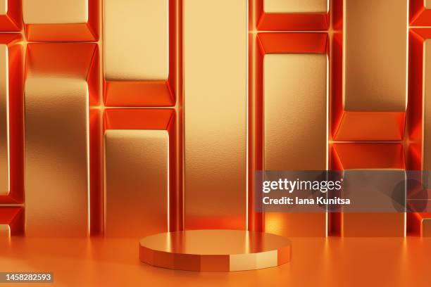 platform for displaying products against background of gold and bronze ingots. 3d pattern. - catwalk background stock pictures, royalty-free photos & images