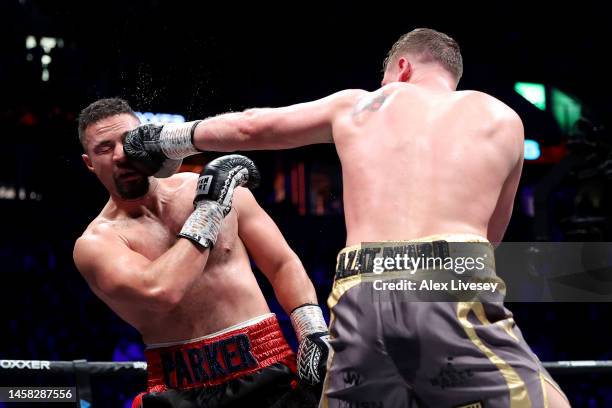 Jack Massey punches Joseph Parker during the Heavyweight fight between Joseph Parker and Jack Massey at Manchester Arena on January 21, 2023 in...