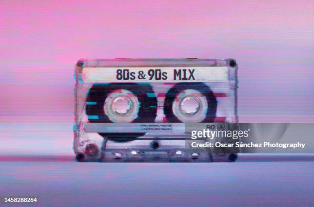 cassette audio tape illustration with glitch vhs effect - cassette stock pictures, royalty-free photos & images