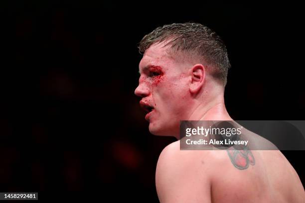 Jack Massey looks on, as their face is covered with blood, during the Heavyweight fight between Joseph Parker and Jack Massey at Manchester Arena on...