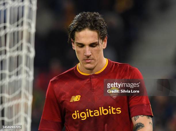 Nicolò Zaniolo of AS Roma leaves the field regretted after substitution during the Coppa Italia match between AS Roma and Genoa CFC at Stadio...