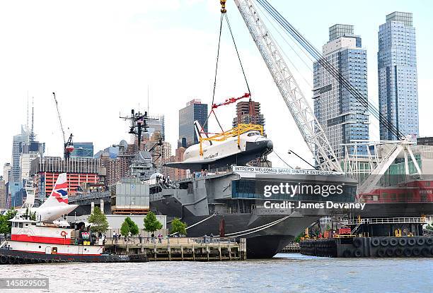 Space Shuttle Enterprise is transported to the Intrepid Sea, Air & Space Museum on June 6, 2012 in New York City.