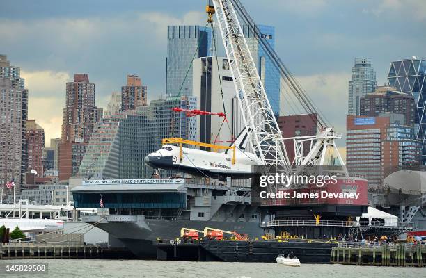 Space Shuttle Enterprise is transported to the Intrepid Sea, Air & Space Museum on June 6, 2012 in New York City.