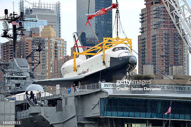 Space Shuttle Enterprise is transported to the Intrepid Sea, Air & Space Museum on June 6, 2012 in New York City.