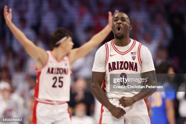 Courtney Ramey of the Arizona Wildcats celebrates after scoring against the UCLA Bruins during the second half of the NCAA game at McKale Center on...