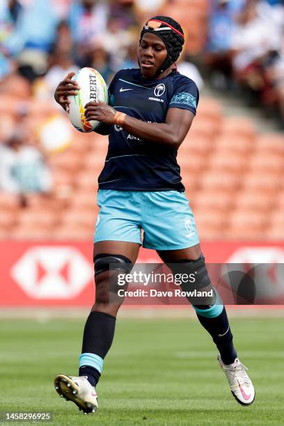 Raijieli Daveua of Fiji approaches the try line before scoring a try during the 2023 HSBC Sevens match between the United States and Fiji at FMG...