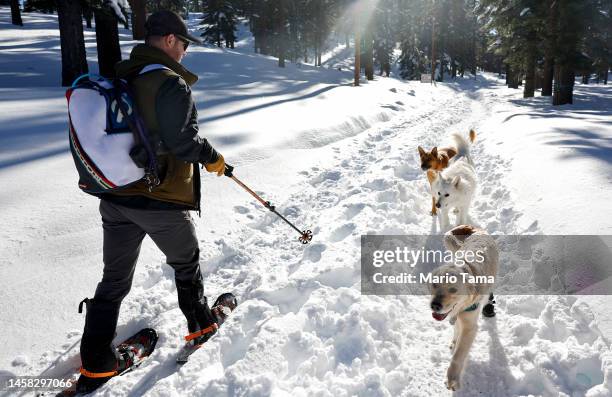 Chris Alexander snowshoes with his and his friend's dogs as they take advantage of deep snow after a series of atmospheric river storms on January...