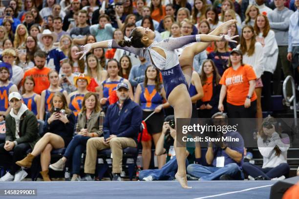 Sunisa Lee of Auburn competes on the floor during a meet against Arkansas at Neville Arena on January 20, 2023 in Auburn, Alabama.