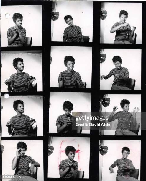 April 1959: The photographer's original contact sheets of writer and playwright Lorraine Hansberry posing for a portrait in her apartment at 337...