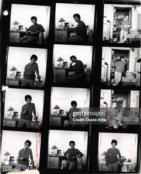 April 1959: The photographer's original contact sheets of writer and playwright Lorraine Hansberry posing for a portrait in her apartment at 337...