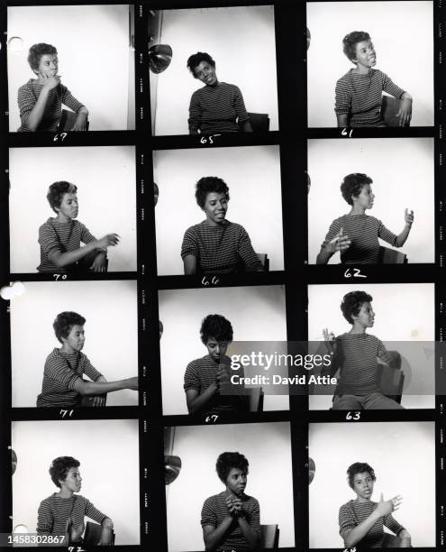 April 1959: The photographer's original contact sheets of writer and playwright Lorraine Hansberry posing for a portrait in her apartment at 337...