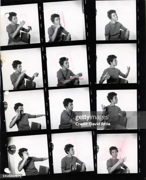 April 1959: The photographer's original contact sheets of writer and playwright Lorraine Hansberry posing for a portrait in her apartment at 337...