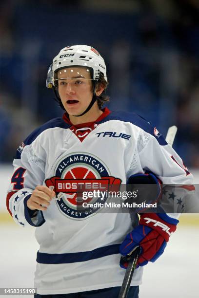 Tanner Adams of the United States reacts after a stop in play during the second period during the 2023 BioSteel All-American hockey game at USA...