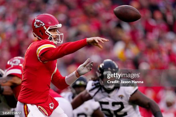 Chad Henne of the Kansas City Chiefs throws a pass against the Jacksonville Jaguars during the second quarter in the AFC Divisional Playoff game at...