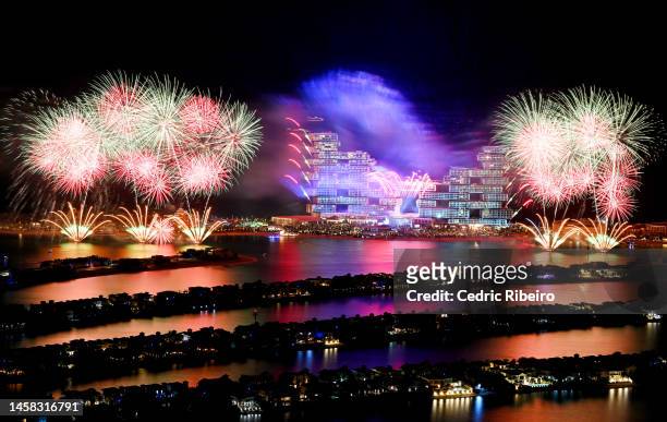 General view of fireworks during the Grand Reveal Weekend for Atlantis The Royal, Dubai's new ultra-luxury hotel on January 21, 2023 in Dubai, United...