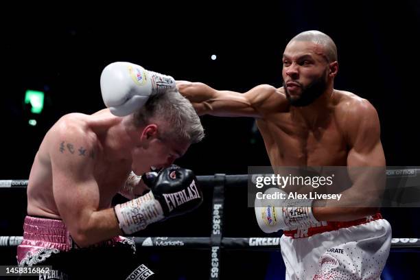 Chris Eubank Jr attempts to punch Liam Smith during the Middleweight fight between Chris Eubank Jr and Liam Smith at Manchester Arena on January 21,...