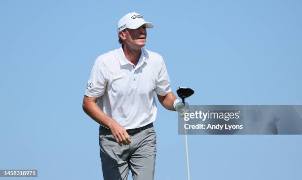 Steve Stricker hits his tee shot on the second hole during the final round of the Mitsubishi Electric Championship at Hualalai at Hualalai Golf Club...