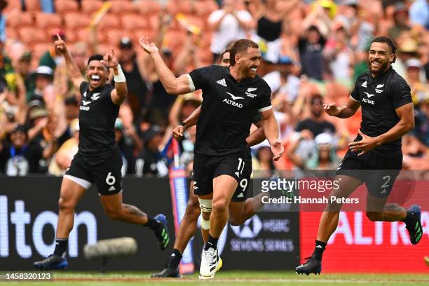 Joe Webber of New Zealand celebrates victory during the 2023 HSBC Sevens match between New Zealand and Fiji at FMG Stadium on January 22, 2023 in...