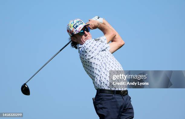 Miguel Angel Jiménez of Spain hits his tee shot on the second hole during the final round of the Mitsubishi Electric Championship at Hualalai at...