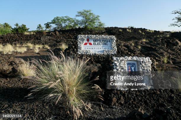 General view of signage during the final round of the Mitsubishi Electric Championship at Hualalai at Hualalai Golf Club on January 21, 2023 in...