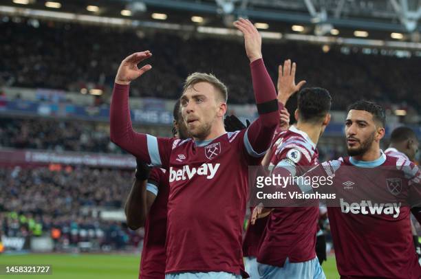 Jarrod Bowen of West Ham United celebrates his first goal during the Premier League match between West Ham United and Everton FC at London Stadium on...