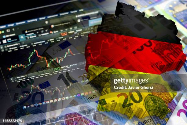 map and flag of germany, cash euro banknotes and stock market indicators - deflación economía fotografías e imágenes de stock