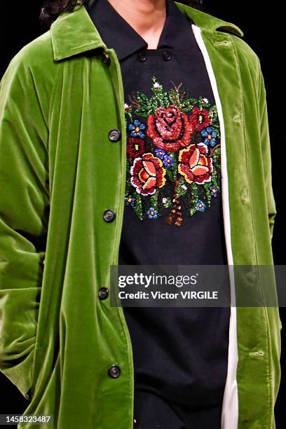 Model walks the runway during the Bode Ready to Wear Fall/Winter 2023-2024 fashion show as part of the Paris Men Fashion Week on January 21, 2023 in...