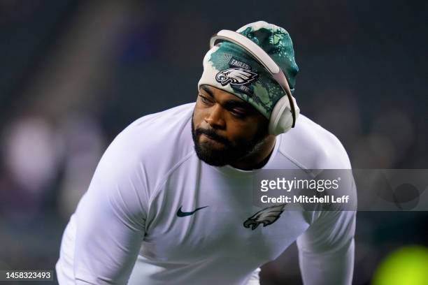 Brandon Graham of the Philadelphia Eagles warms up prior to a game against the New York Giants in the NFC Divisional Playoff game at Lincoln...