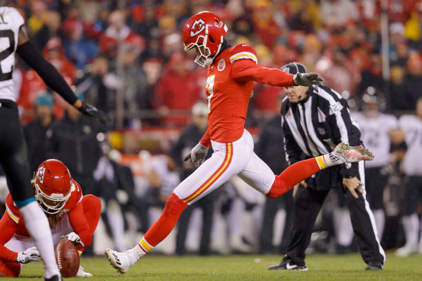 Harrison Butker of the Kansas City Chiefs kicks a 50 yard field goal against the Jacksonville Jaguars during the third quarter in the AFC Divisional...