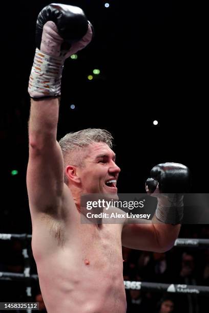 Liam Smith celebrates after defeating Chris Eubank Jr during the Middleweight fight between Chris Eubank Jr and Liam Smith at Manchester Arena on...