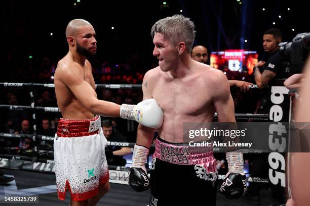 Chris Eubank Jr acknowledges Liam Smith following defeat after the Middleweight fight between Chris Eubank Jr and Liam Smith at Manchester Arena on...
