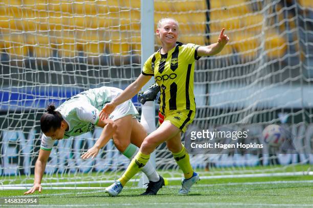 Betsy Hassett of the Phoenix celebrates after scoring a goal during the round 11 A-League Women's match between Wellington Phoenix and Canberra...