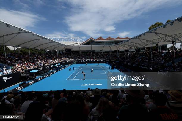 Moyuka Uchijima of Japan and Xinyu Wang of China compete against Coco Gauff of the United States and Jessica Pegula of the United States on Court 3...