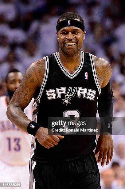 Stephen Jackson of the San Antonio Spurs reacts after a basket against the Oklahoma City Thunder in Game Six of the Western Conference Finals of the...