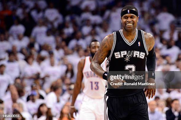 Stephen Jackson of the San Antonio Spurs reacts after a basket against the Oklahoma City Thunder in Game Six of the Western Conference Finals of the...