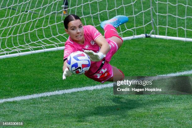 Brianna Edwards of the Phoenix makes a save during the round 11 A-League Women's match between Wellington Phoenix and Canberra United at Sky Stadium,...