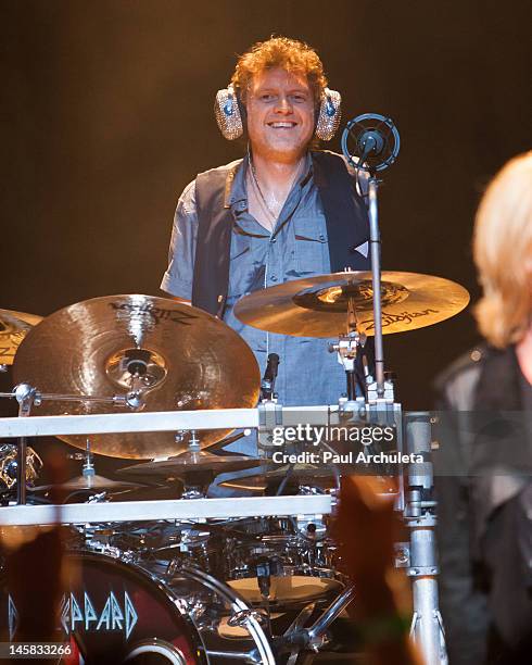 Drummer Rick Allen of the Hard Rock Band Def Leppard performs live for a special YouTube event at the House of Blues Sunset Strip on June 6, 2012 in...