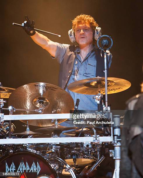 Drummer Rick Allen of the Hard Rock Band Def Leppard performs live for a special YouTube event at the House of Blues Sunset Strip on June 6, 2012 in...