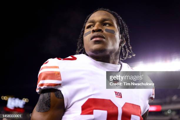 Darnay Holmes of the New York Giants looks on prior to a game against the Philadelphia Eagles in the NFC Divisional Playoff game at Lincoln Financial...