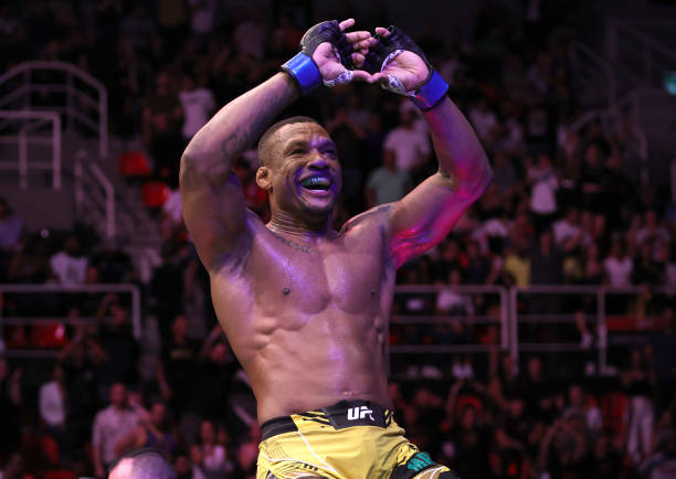 Jailton Almeida of Brazil reacts after his victory over Shamil Abdurakhimov of Russia in a heavyweight fight during the UFC 283 event at Jeunesse...