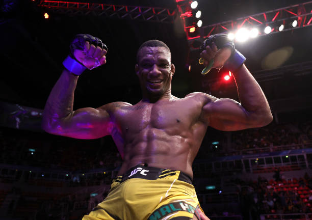 Jailton Almeida of Brazil reacts after his victory over Shamil Abdurakhimov of Russia in a heavyweight fight during the UFC 283 event at Jeunesse...