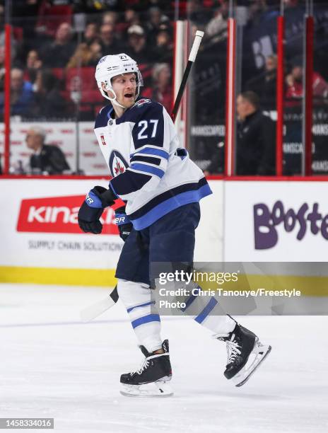 Nikolaj Ehlers of the Winnipeg Jets celebrates his first period goal against the Ottawa Senators at Canadian Tire Centre on January 21, 2023 in...