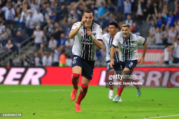 Rogelio Funes Mori of Monterrey celebrates after scoring the team's third goal during the 3rd round match between Monterrey and Atletico San Luis as...