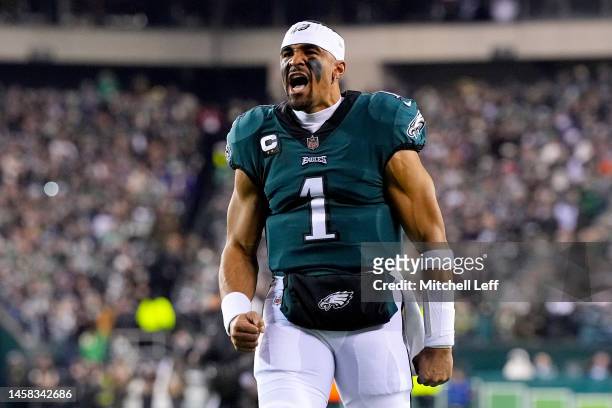 Jalen Hurts of the Philadelphia Eagles reacts prior to a game against the New York Giants in the NFC Divisional Playoff game at Lincoln Financial...