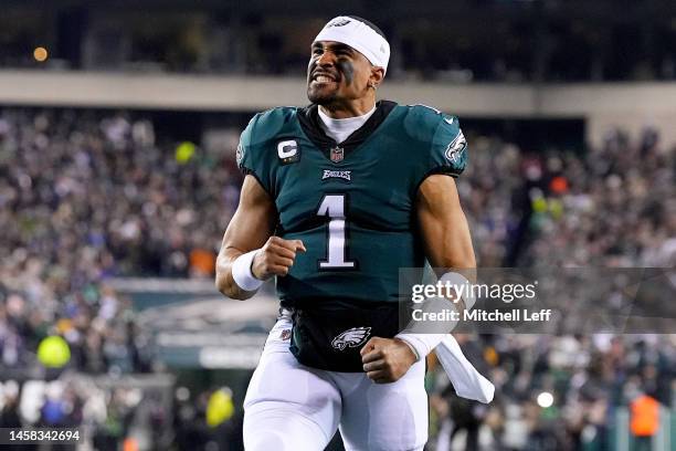 Jalen Hurts of the Philadelphia Eagles reacts prior to a game against the New York Giants in the NFC Divisional Playoff game at Lincoln Financial...