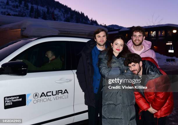 Directors, Nick Lieberman and Molly Gordon, and cast members Noah Galvin and Ben Platt arrive at the Theater Camp Premiere Party hosted by Acura at...