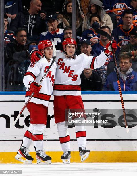 Sebastian Aho of the Carolina Hurricanes celebrates his goal against Ilya Sorokin of the New York Islanders at 16:40 of the second period and is...