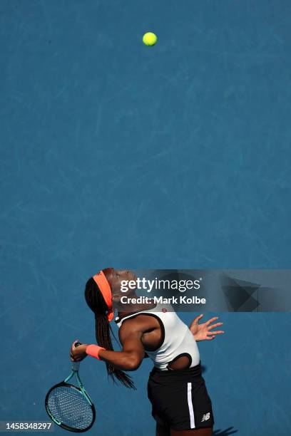 Coco Gauff of the United States serves during the fourth round singles match against Jelena Ostapenko of Latvia during day seven of the 2023...